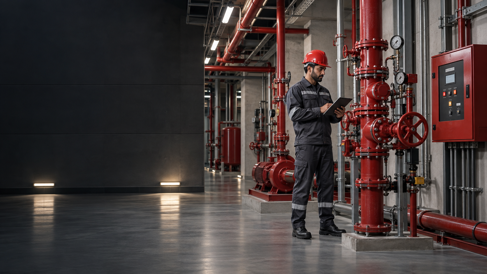 Fire-safety engineer inspecting an integrated hydrant, sprinkler and alarm installation