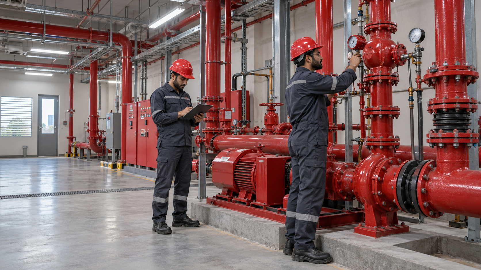 Engineers reviewing sprinkler and hydrant piping in a maintained plant room